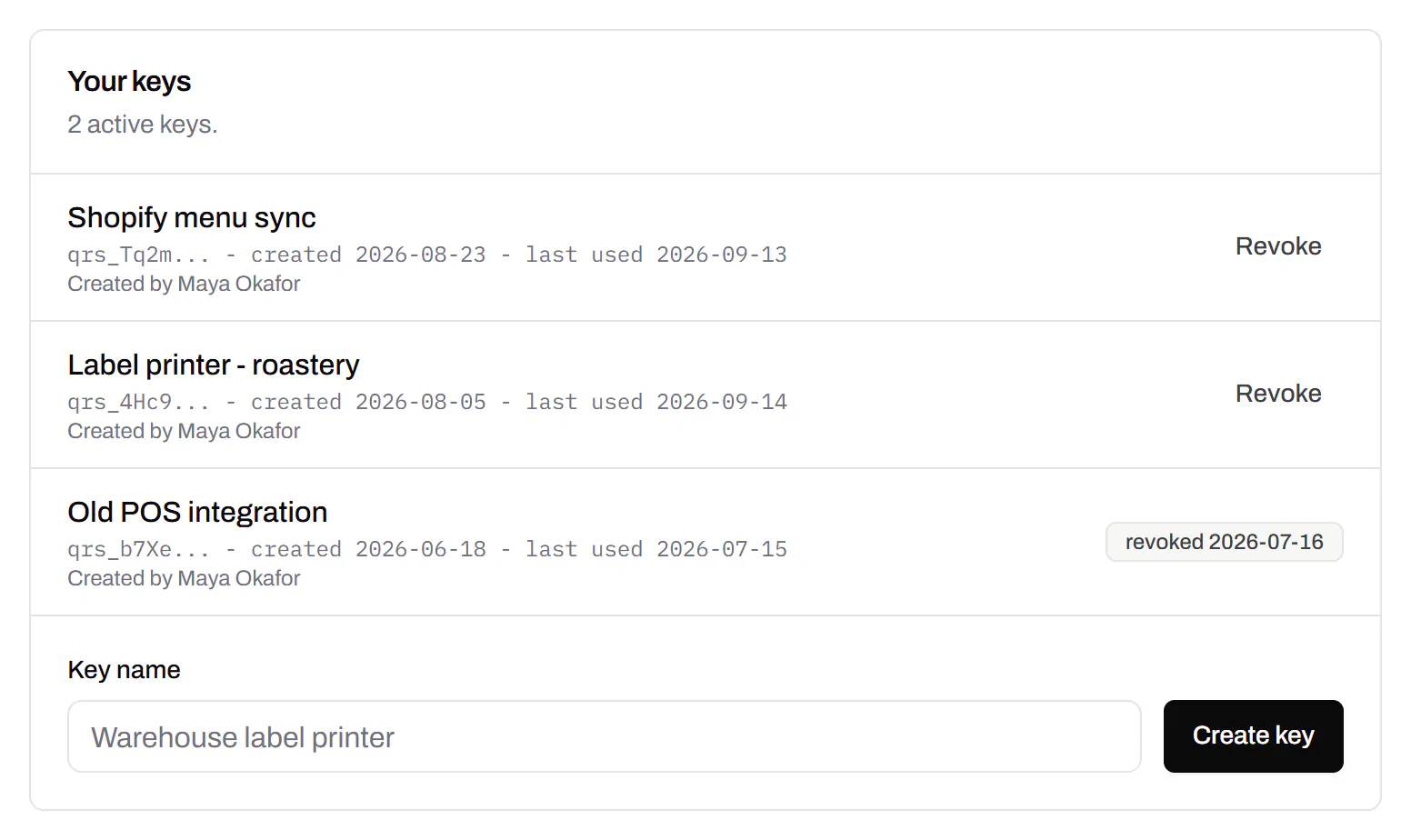 The API screen listing a workspace’s keys - one for a label printer, one for a menu sync, one revoked - each with its prefix, when it was made and when it was last used.