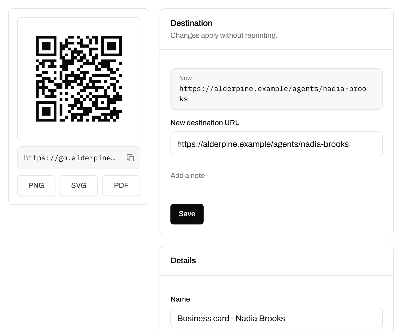 The code printed on an estate agent’s business cards, with its short link on the agency’s own domain and the profile page it opens, which can be changed without reordering the cards.