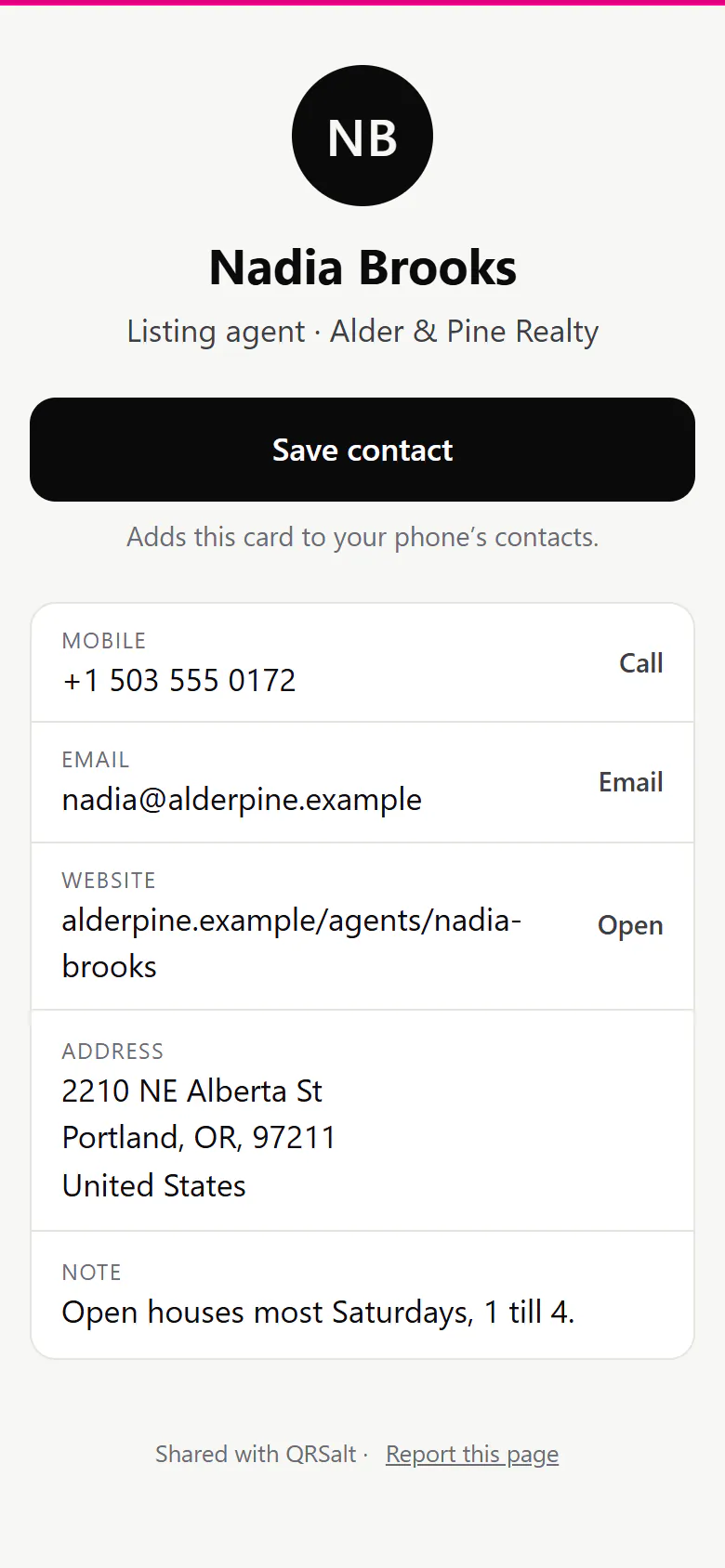 An estate agent’s contact card on a phone, opened from the code on her sign: Nadia Brooks, listing agent at Alder & Pine Realty, a Save contact button, and her numbers, email, website and office address.