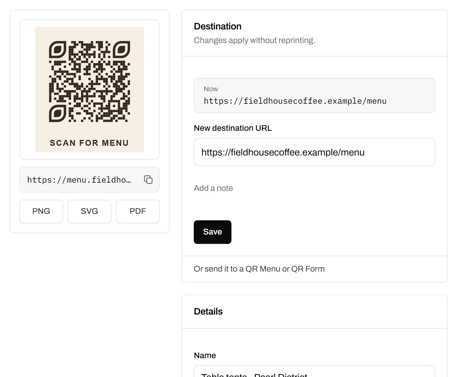 A table-tent code’s own page: the printed code in espresso brown with a SCAN FOR MENU label, its short link on the café’s own domain and PNG, SVG and PDF downloads, beside the address it opens and a box for a new one, with the note that changes apply without reprinting.