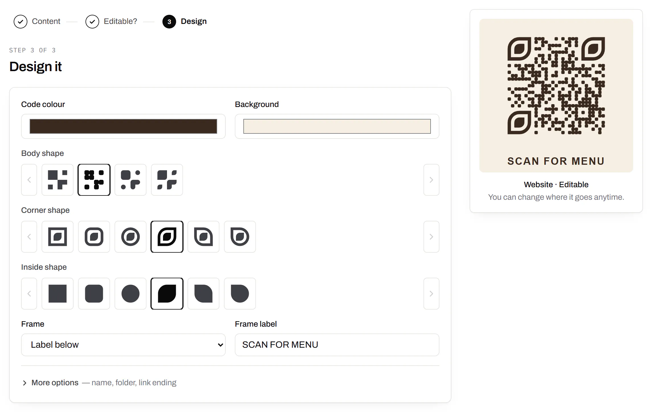 The design step for a café’s table-tent code: espresso-brown modules on a cream ground with leaf-shaped corners and a SCAN FOR MENU label underneath, next to the controls for code colour, background, body, corner and inside shapes, and frame.