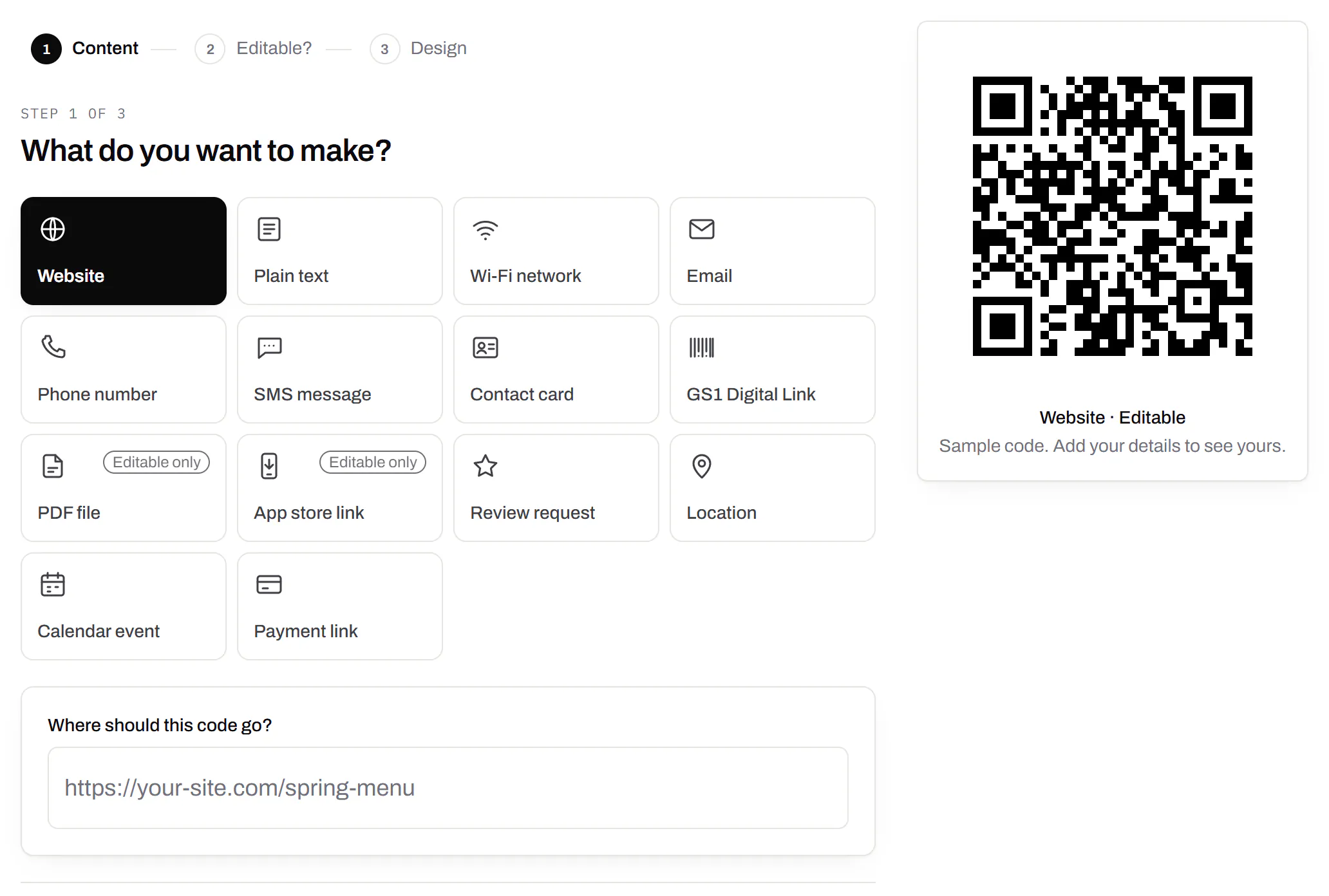 The first step of making a code: a grid of the kinds of code on offer - website, plain text, Wi-Fi network, email, phone number, SMS message, contact card, GS1 Digital Link, PDF file, app store link, review request, location, calendar event and payment link, with PDF and app store marked editable only - Website chosen, and a preview of the code beside it.