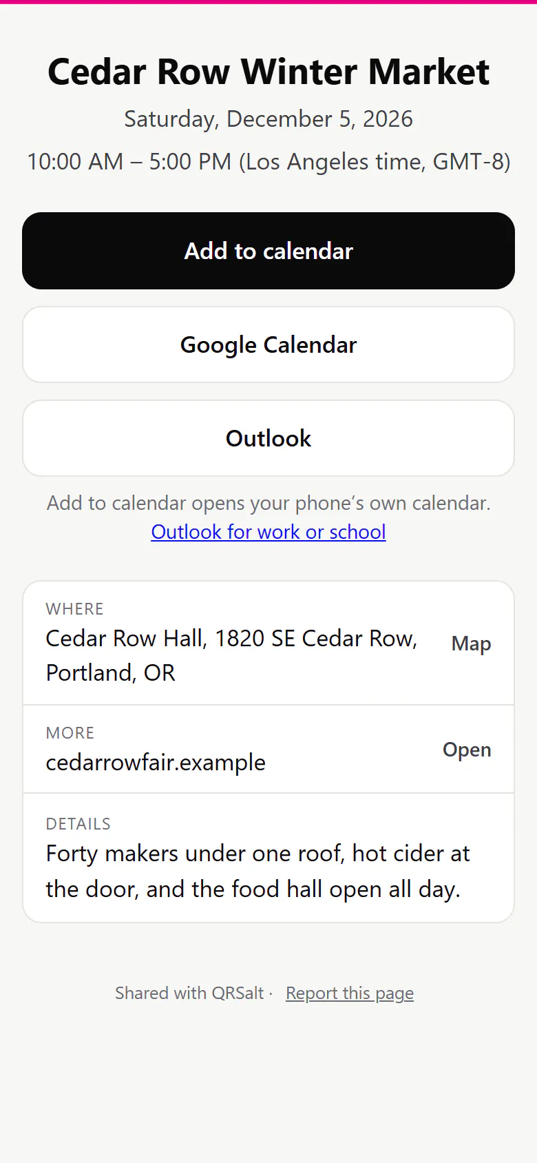 A makers fair’s winter market on a phone, opened from the poster: the date and hours, Add to calendar, Google Calendar and Outlook buttons, the hall’s address with a Map link, and a line about the day.