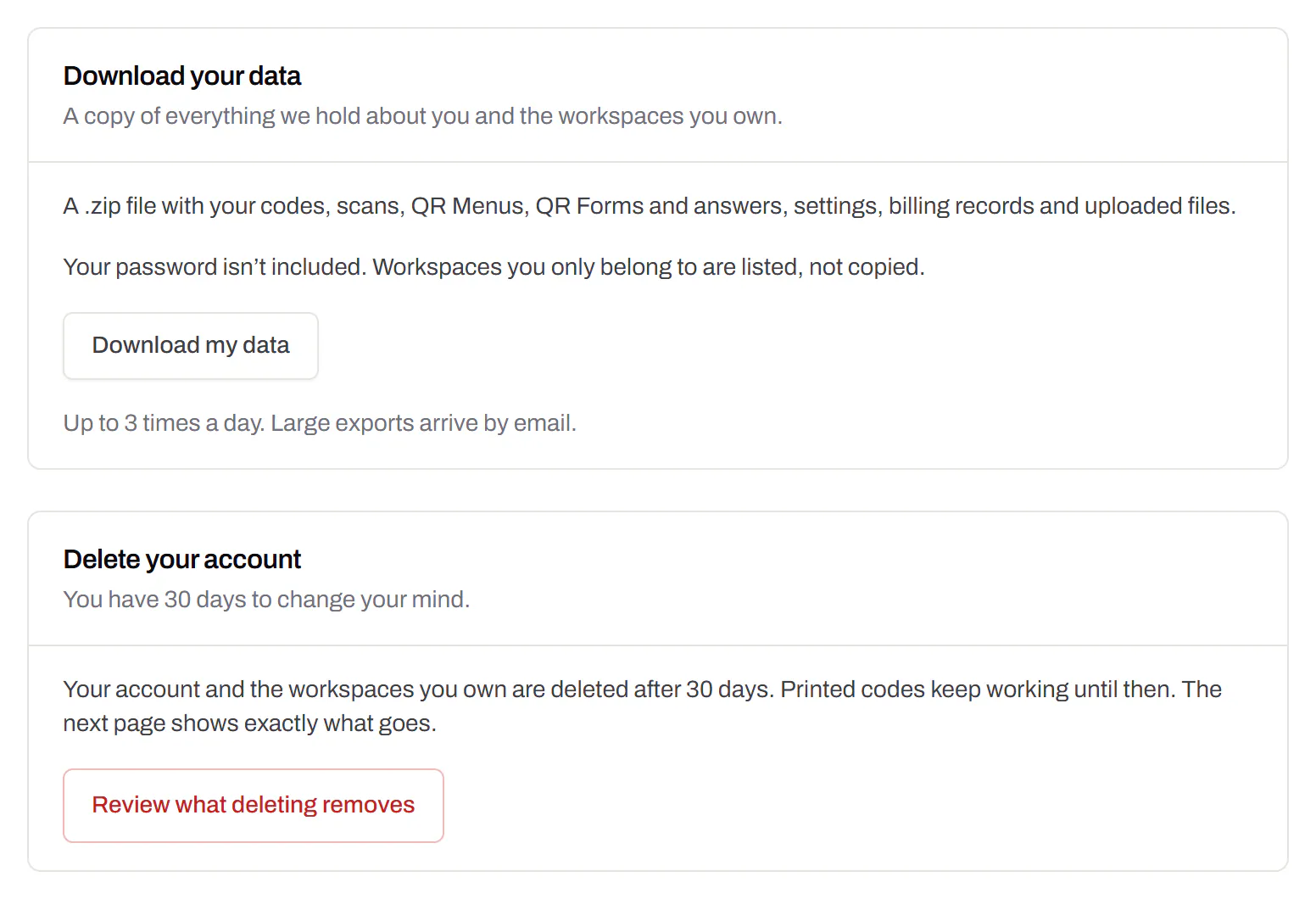 Account settings: a button to download everything the account holds, and a separate panel to delete the account, which can be undone for 30 days.