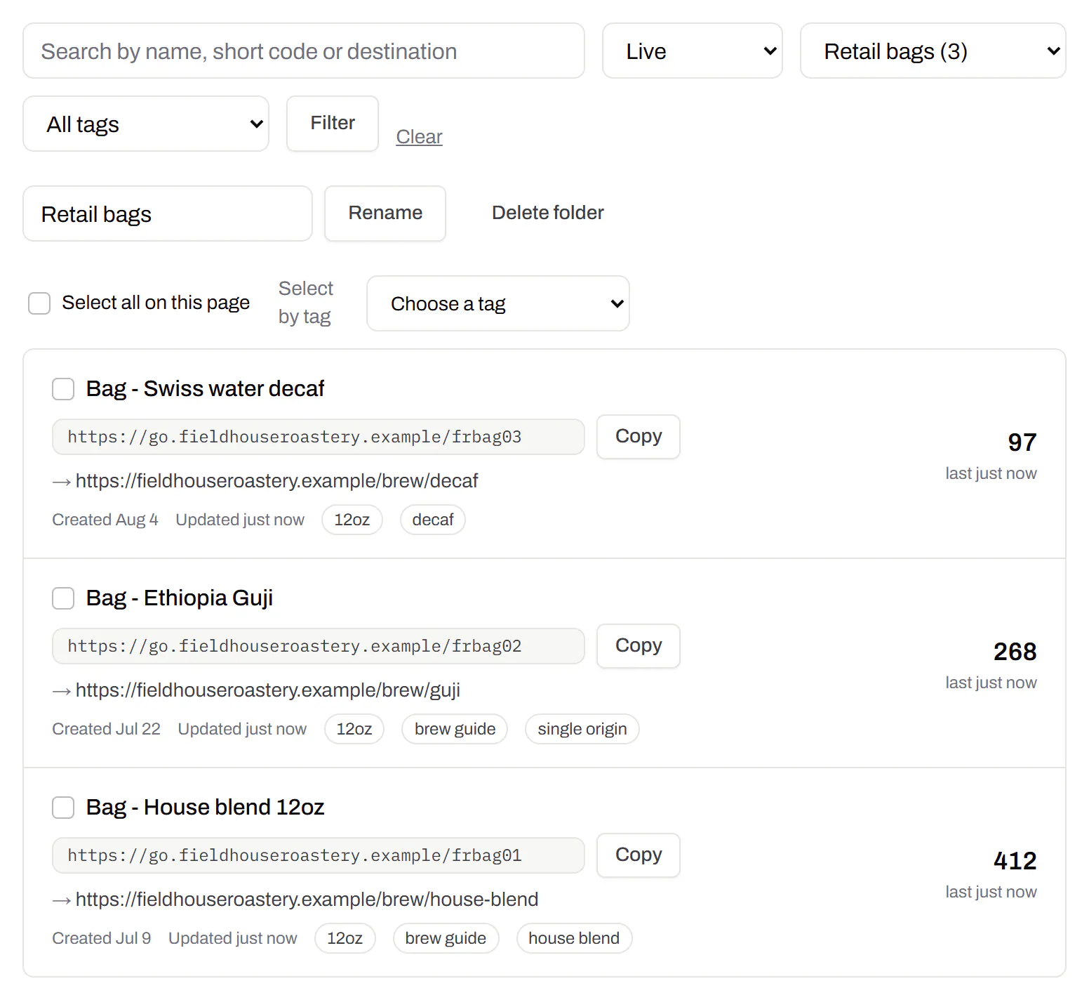A coffee roaster’s codes filtered to the Retail bags folder: the house blend, Ethiopia Guji and decaf bag codes, each with its tags - 12oz, house blend, single origin, brew guide, decaf - its short link and its scans.