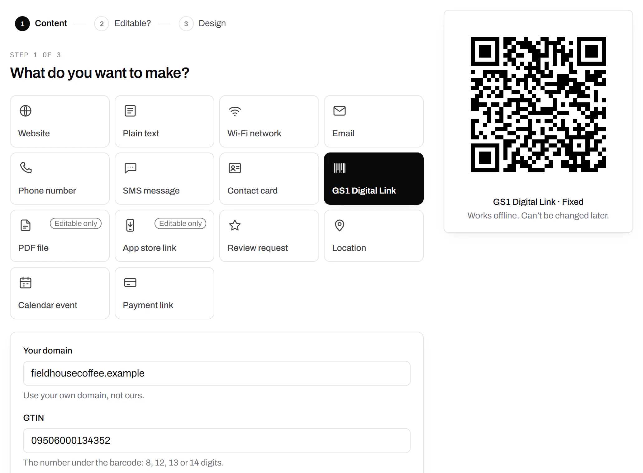 Making a GS1 Digital Link code for a bag of coffee beans: the brand’s own domain, the GTIN from under the barcode and a batch number, beside a preview of the code the packaging will carry.
