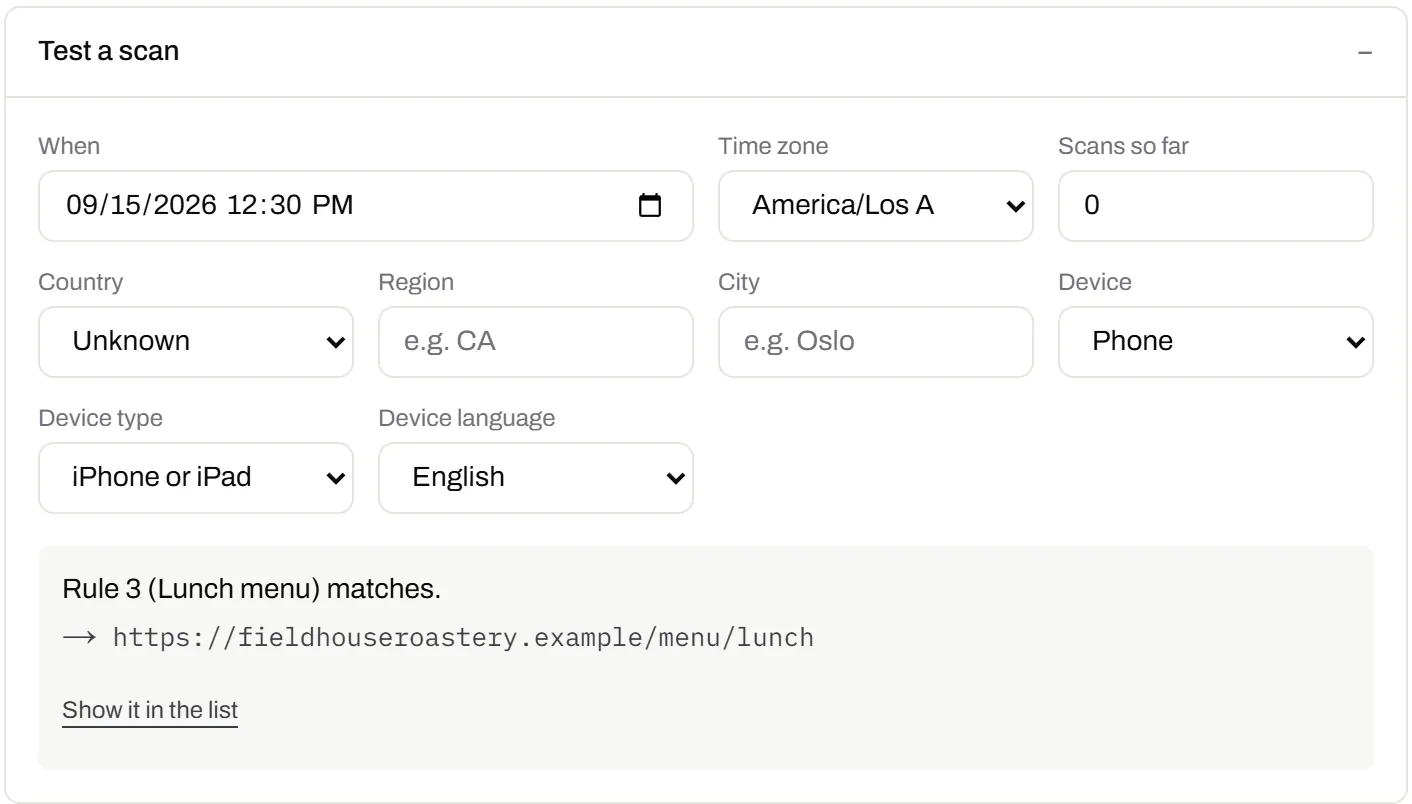 Test a scan: a phone in no particular country, an English iPhone, Tuesday 15 September at 12:30 in Los Angeles time - and the answer, “Rule 3 (Lunch menu) matches”, with the lunch menu link it would open.