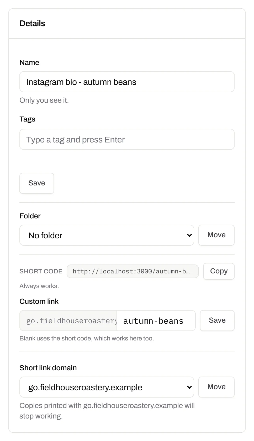 The Details card of a short link: its name, its folder, the short code with a Copy button marked “Always works”, and a choice of which domain the link uses.