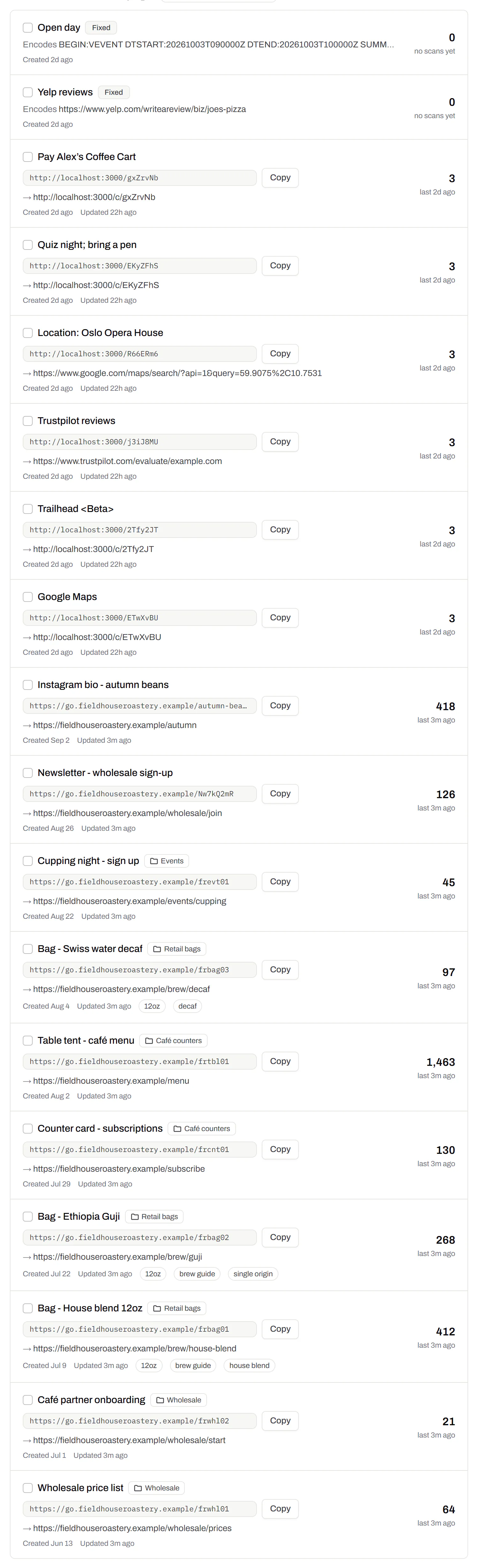 The dashboard list showing only short links: “Instagram bio - autumn beans” and “Newsletter - wholesale sign-up”, each marked Short link, with its link, a Copy button, where it points and its clicks.