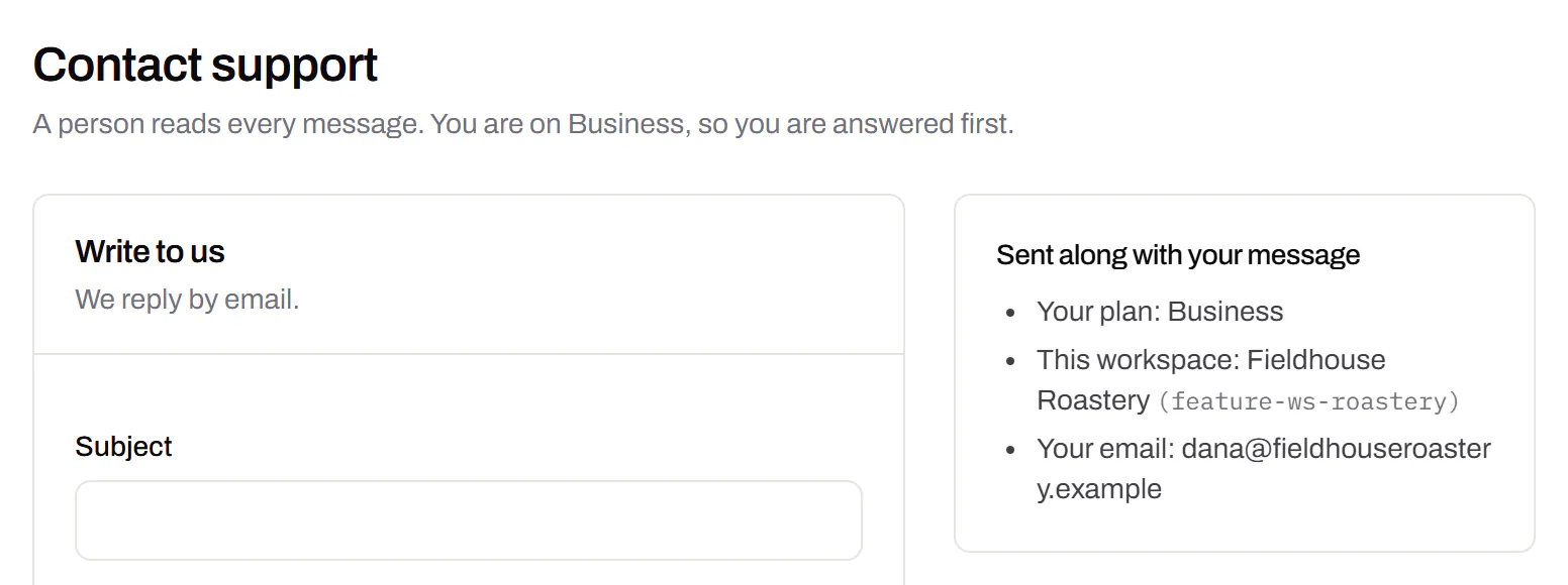 The support page on a Business plan: a note that a person reads every message and this plan’s is answered before free accounts’, a form to write in, and the plan and workspace that are sent along with it.