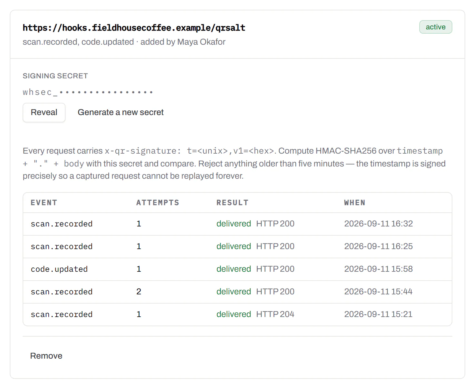 A webhook endpoint that hears about every scan and code update, with who set it up, a signing secret hidden until an owner or admin reveals it, and its last deliveries, each marked delivered with the response it got.