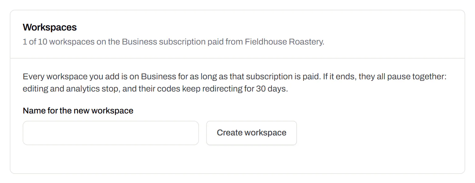The Workspaces panel in settings: how many of the plan’s workspaces are in use, what happens to all of them if the subscription ends, and a field to name and create another one.