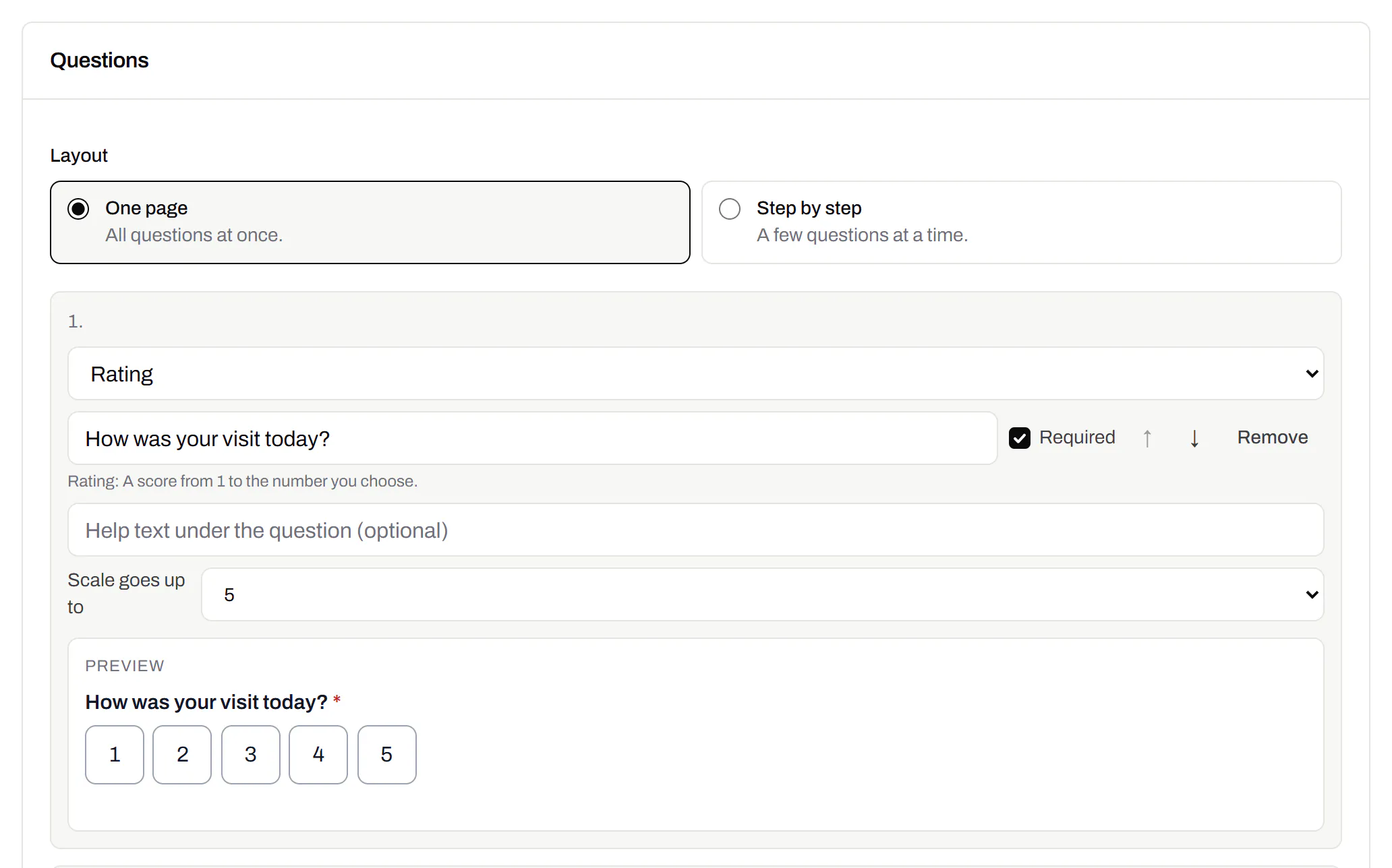 Editing a café’s feedback form: the one-page layout chosen, and the first question - How was your visit today?, a required rating out of five - with a live preview of its five buttons.