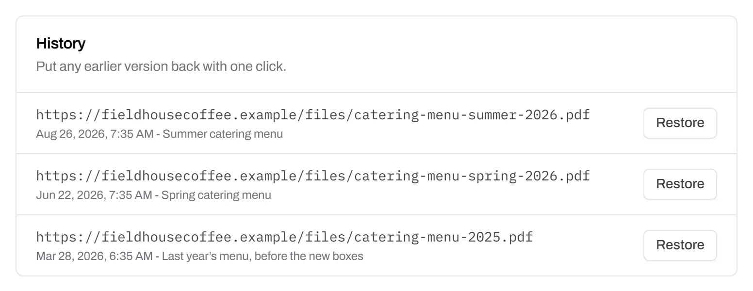 Destination history for a café’s catering-menu PDF code: the summer and spring menus and last year’s, each replaced on a date with a note, and each one a button away from being restored.