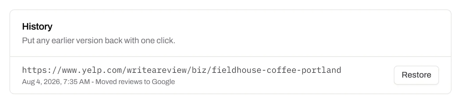 Destination history for a receipt-footer review code: the Yelp review page it opened before, replaced on a date with the note “Moved reviews to Google”, and a button to restore it.