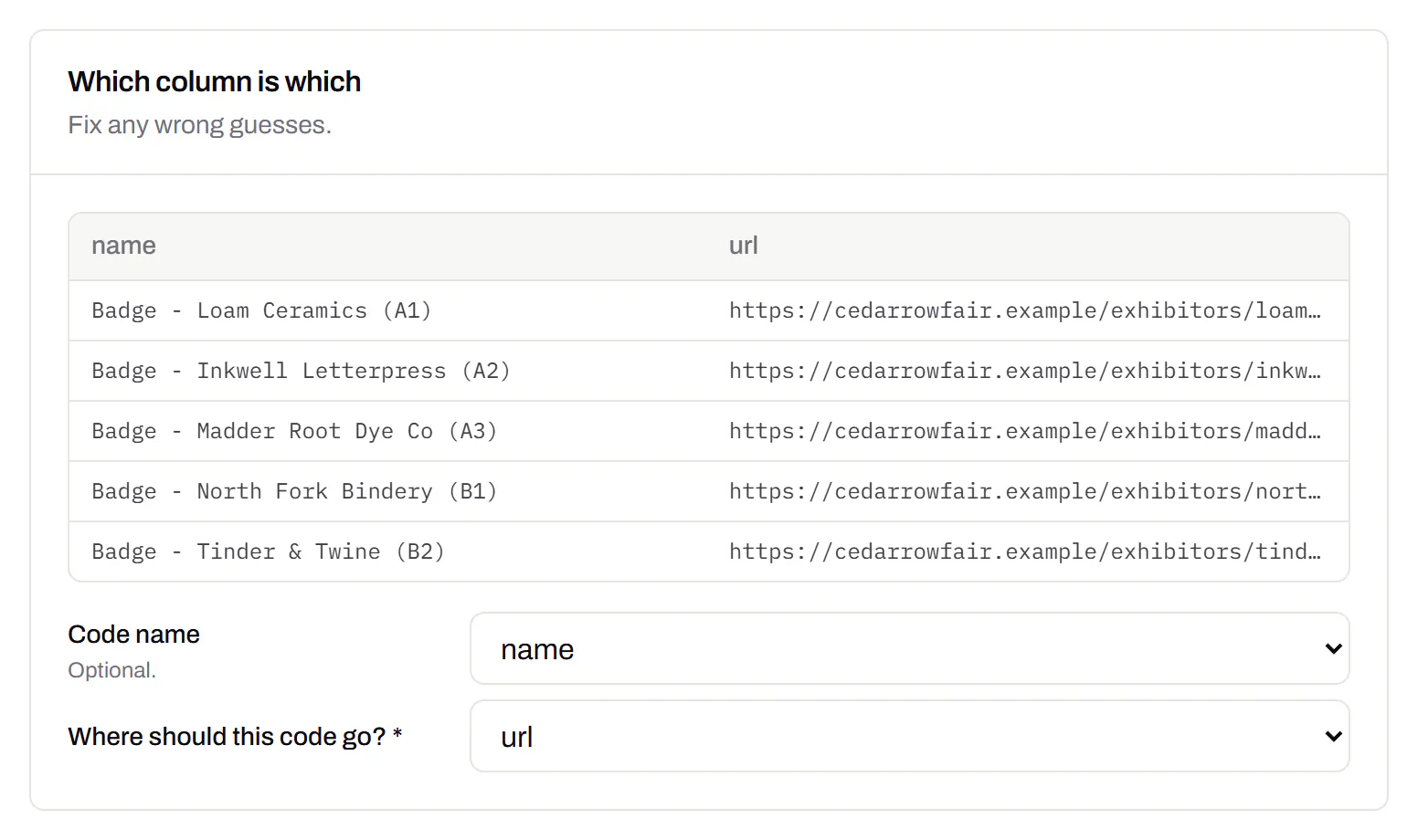 Bulk import for a makers fair: a pasted spreadsheet of exhibitor badges, one row per stall, with the name and link columns matched to each new code’s name and destination.