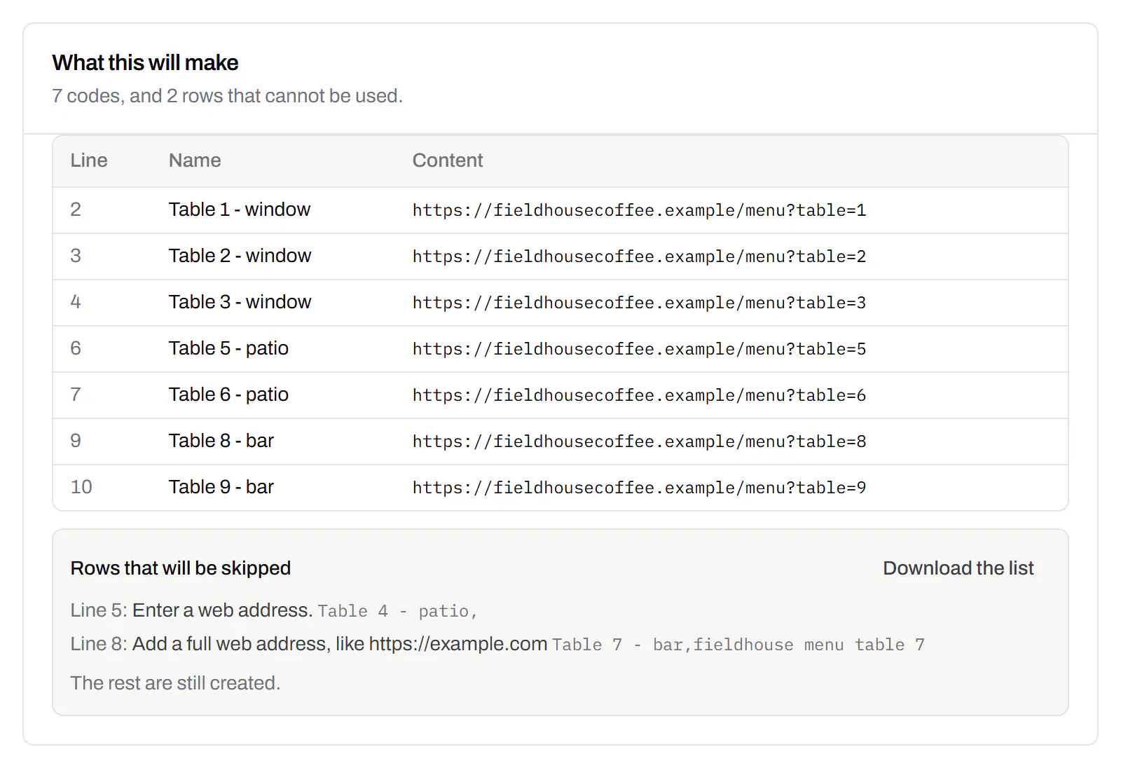 The import preview after pasting nine café tables: the seven codes it will make, each with its line, name and link, and under them the two rows that will be skipped - one with no link, one whose link is not a web address - with a button to download the list.