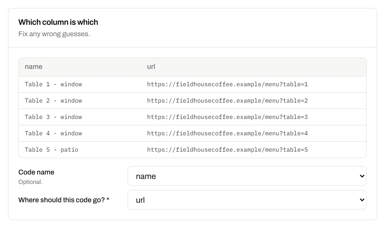 Bulk import after pasting a spreadsheet of twelve café tables - window, patio and bar - with the name and link columns matched to each new code’s name and destination.