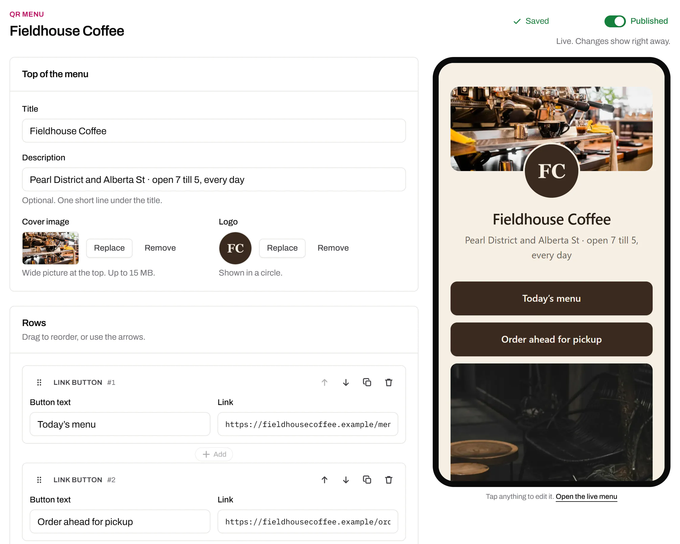 The QR Menu builder for a café: the rows on the left - today’s menu, order ahead, a Google review link, a Follow along heading, Instagram and beans to brew at home - and the same page live on a phone on the right, in espresso and cream.