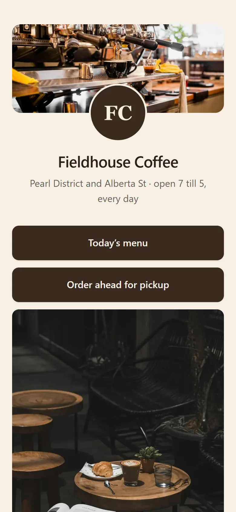 The café’s QR Menu as it opens on a phone after a scan: a cover photo of the espresso bar, the round FC logo, Fieldhouse Coffee and its opening hours, buttons for today’s menu and ordering ahead, and a photo row of a latte and a croissant on a café table.
