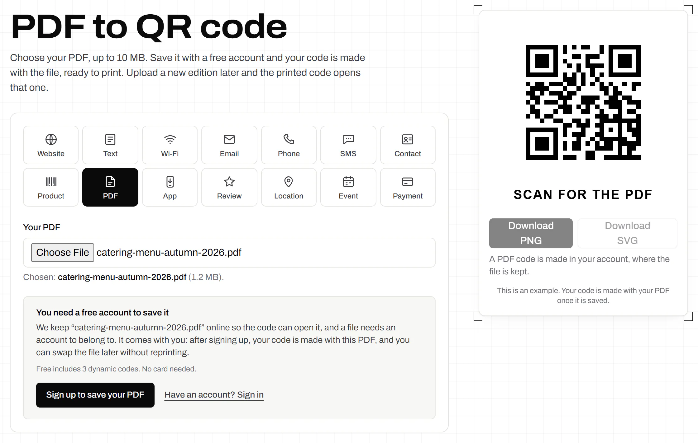 The PDF to QR code generator with a catering menu chosen: the file’s name and size, a prompt to save it in a free account where the file is kept, and beside it an example code with a SCAN FOR THE PDF label.