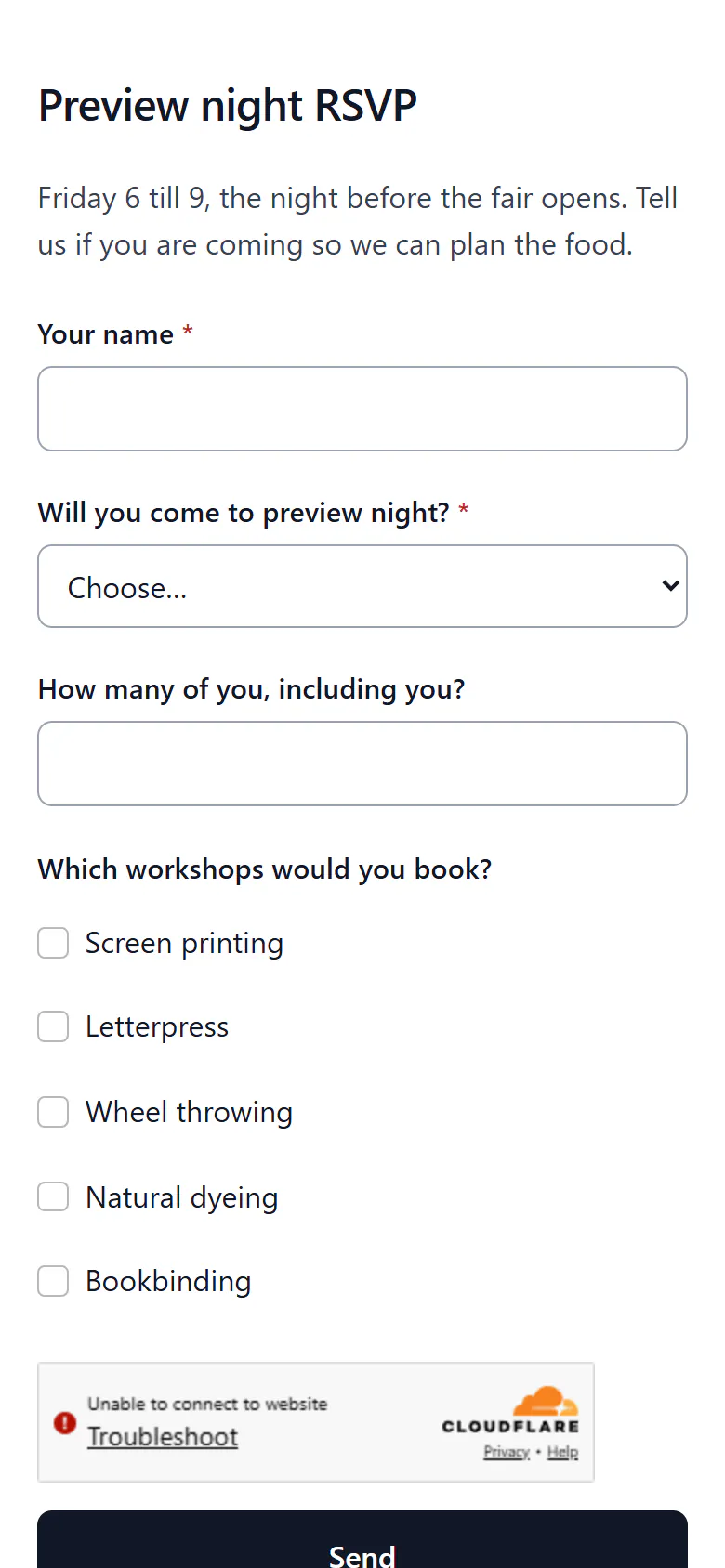 The preview-night RSVP form on a phone, opened by scanning the invitation: a line about the evening, then name, whether they are coming, how many, and which workshops, with a Send button.