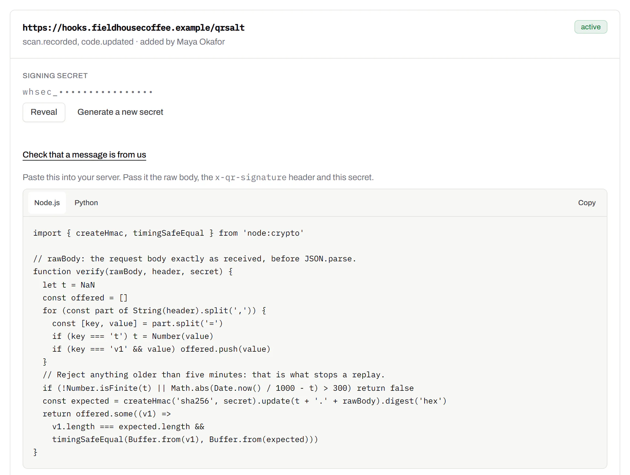 A webhook endpoint with its signing secret hidden until revealed, and “Check that a message is from us” opened: pass the raw body, the x-qr-signature header and the secret to the Node.js code shown, which rejects anything older than five minutes.