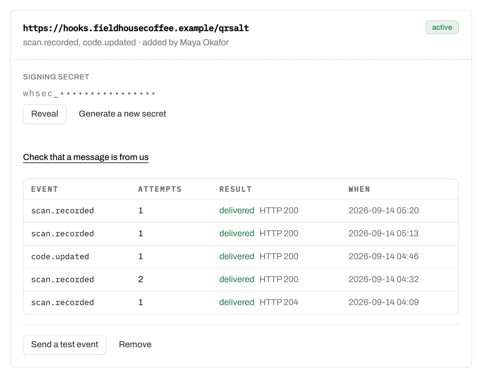 A webhook endpoint that hears about every scan and code update, with its signing secret and its last five deliveries, each marked delivered with the response it got.